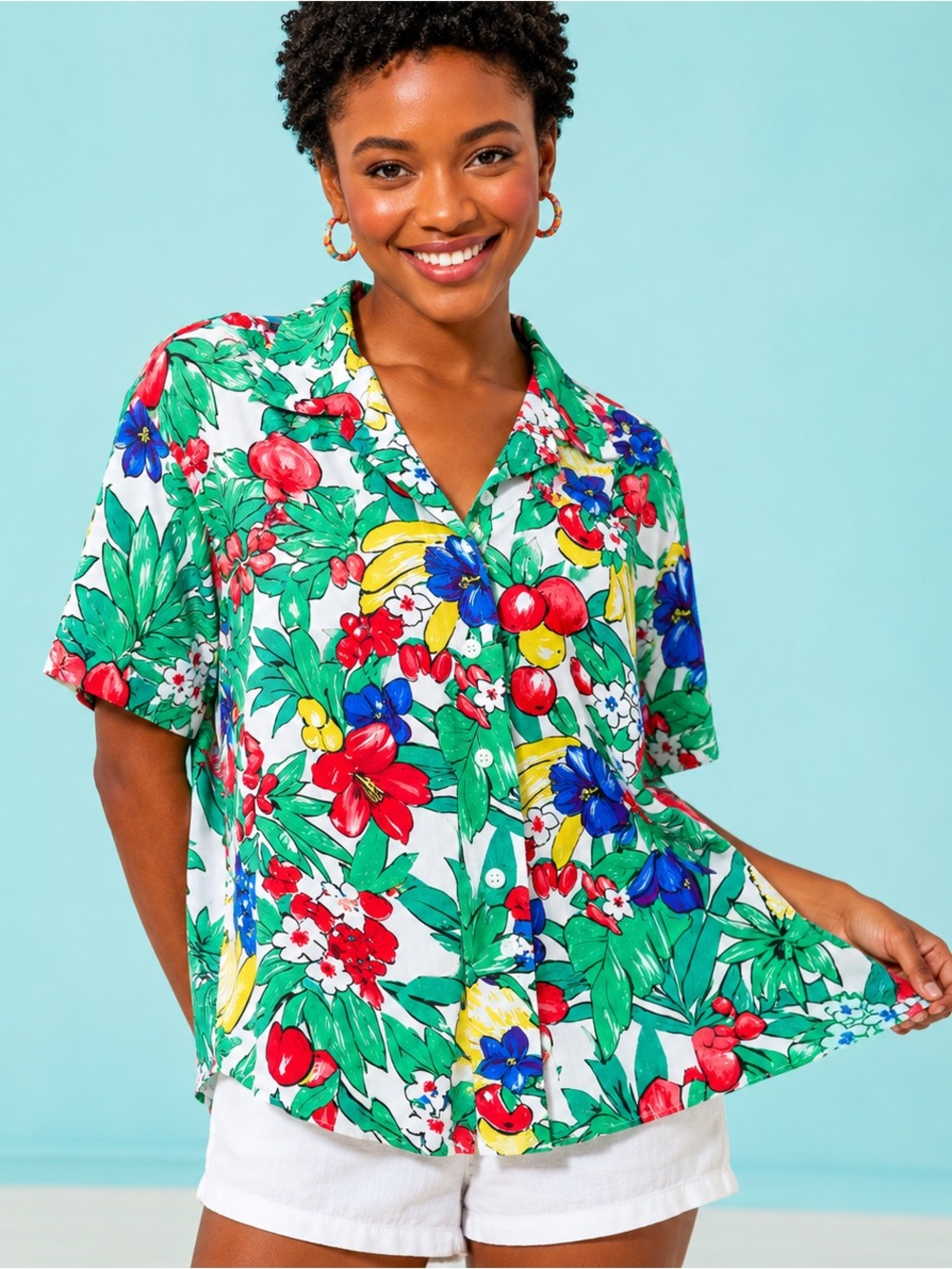 Vintage BonWorth Fruit Floral Tropical Button Down Shirt Vacation Blouse